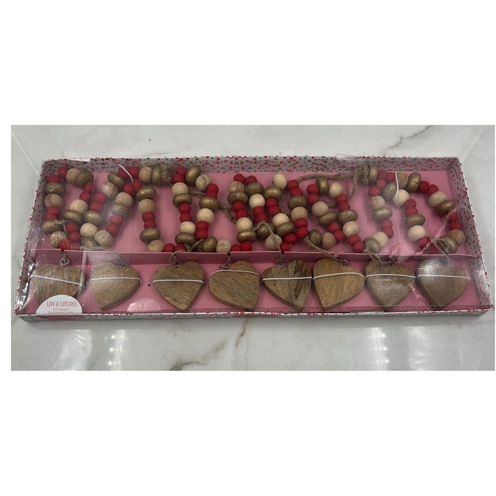 Love & Cupcakes 6 Ft Wooden Heart Garland Red Gold Natural Wood Bead Valentine